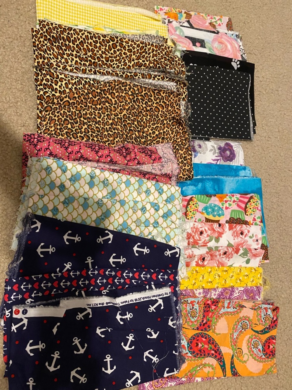 Assorted Cotton Fabric Scrap Bundle - Navy Anchors, Floral, Leopard & More